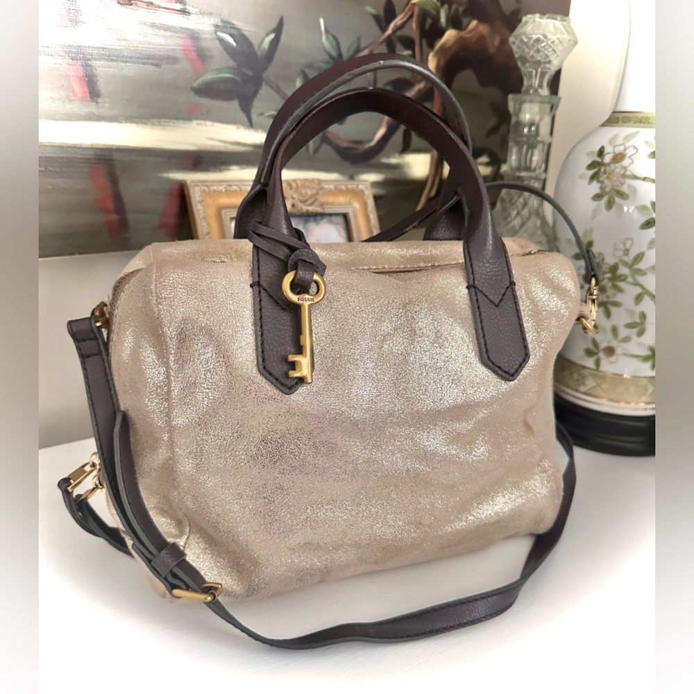 Fossil Fiona satchel handbag in a metallic gold color with brown leather accents